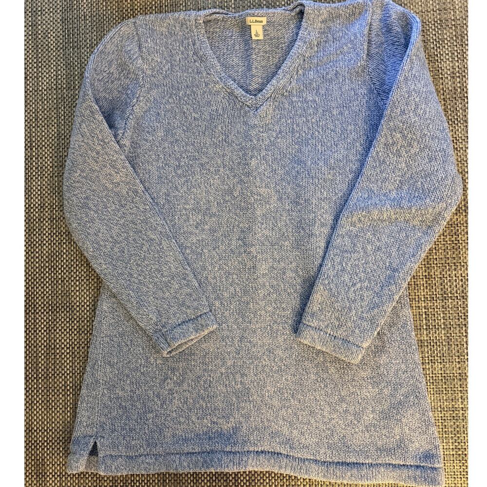 LL BEAN 100% Cotton V-neck Tunic Style Long Sleeve Sweater L Marled Blue Coastal